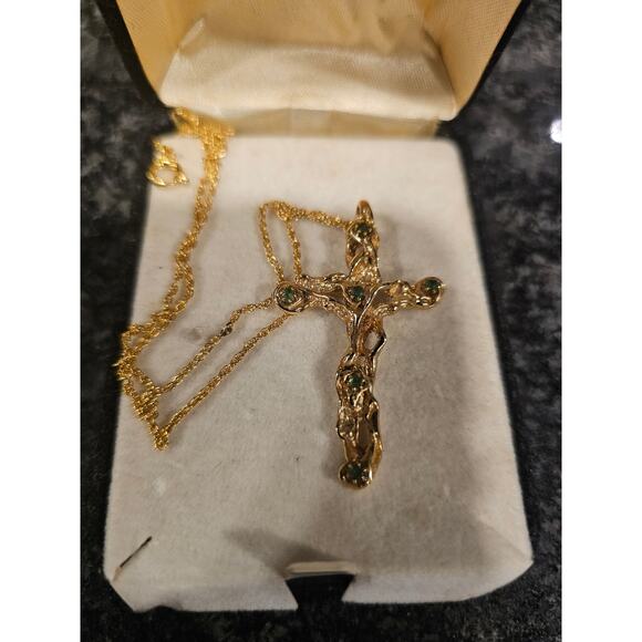 Nikolas Gold Cross Necklace with Green Stones Elegant Religious Jewelry - Picture 3 of 6